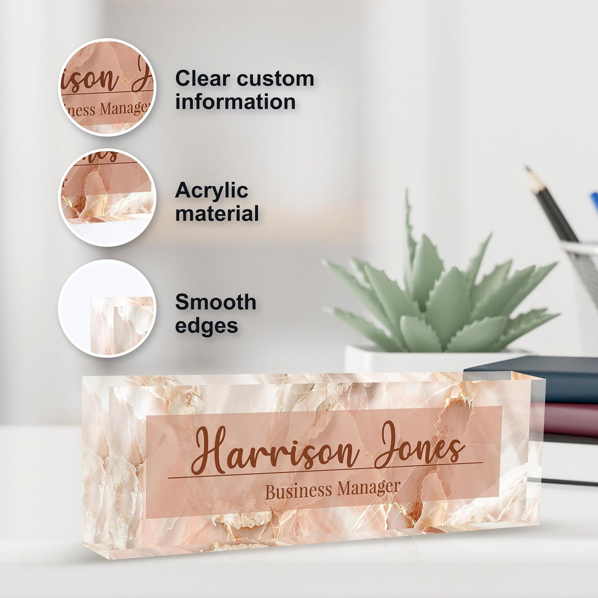 Personalized Name Plate for Desk, Custom Desk Name Plate, Acrylic Name Plate Office Desk Accessories, Personalized Office Gifts for Coworkers Teachers, Employee Appreciation Gifts (B-Pink Flowing)