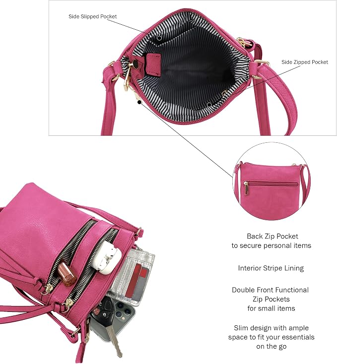 DELUXITY | Crossbody Purse Bag | Functional Multi Pocket Double Zipper Purse |