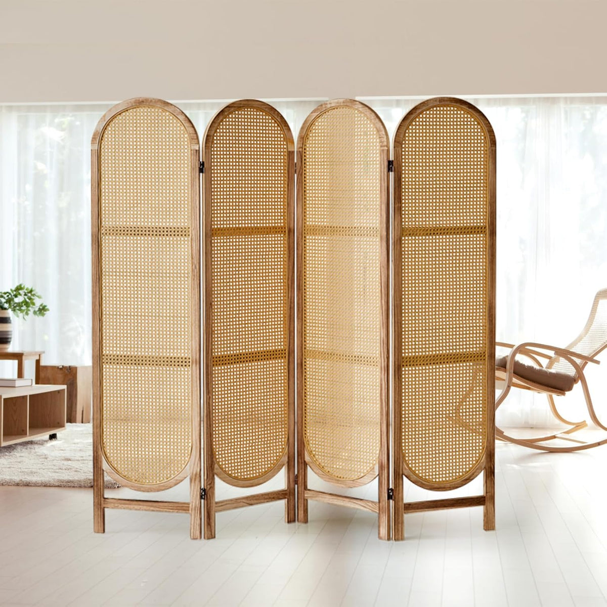 4 Panels Room Dividers and Hand-Woven Rattan Room Divider Wall, Wood Room Divider Folding Privacy Screens for Home Office Bedroom, Light Brown