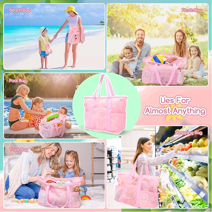 Tagitary Mesh Beach Bag with Zipper Large Beach Tote Waterproof Sandproof with