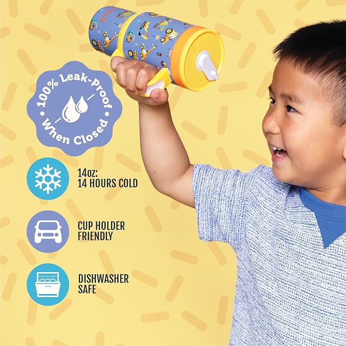 Ello Oasis 14oz Stainless Steel Toddler Tumbler with Handle & Retracting Straw, 100% Leakproof, Double-Wall Vacuum Insulated, Kids Water Bottle for School, BPA Free, Dishwasher Safe, Construction