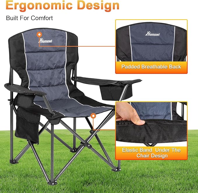 Romswi Oversized Camping Chairs, Heavy Duty Support 500 LBS, Padded Back & Arm