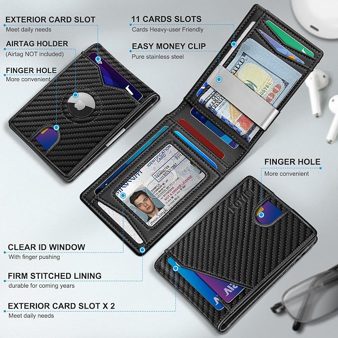 Airtag Wallet for Men, with Money Clip 11 Cards Slim Front Pocket Leather RFID