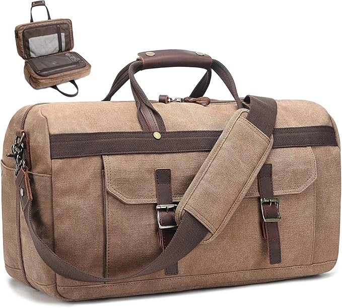 Duffle Bag for Men Waterproof Genuine Leather Canvas Travel Duffel Bags for