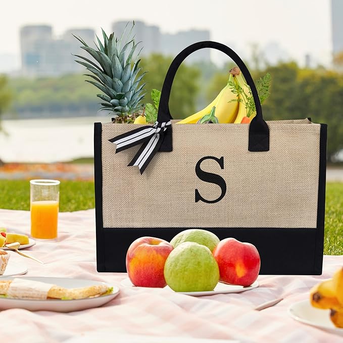 TOPDesign Initial Jute/Canvas Tote Bag, Personalized Present Bag, Suitable