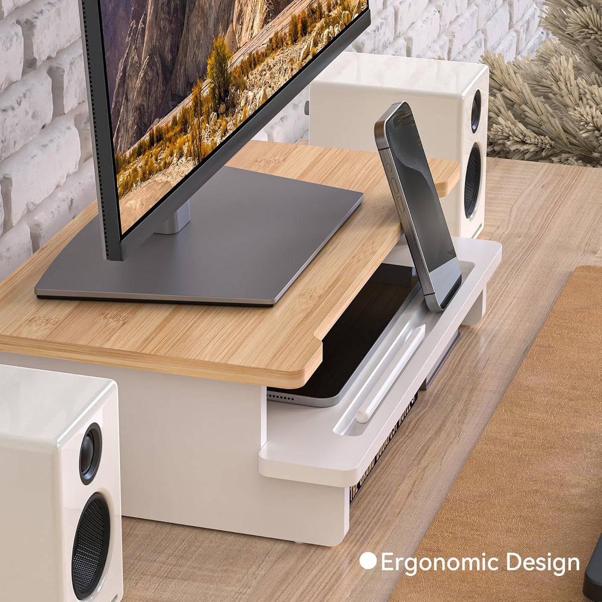 Monitor Stand Monitor Stand Riser for Desk,Wood Desk Shelf Storage Organizer with Phone Tablet Holder (16.5 Inch, White & Natural Bamboo)