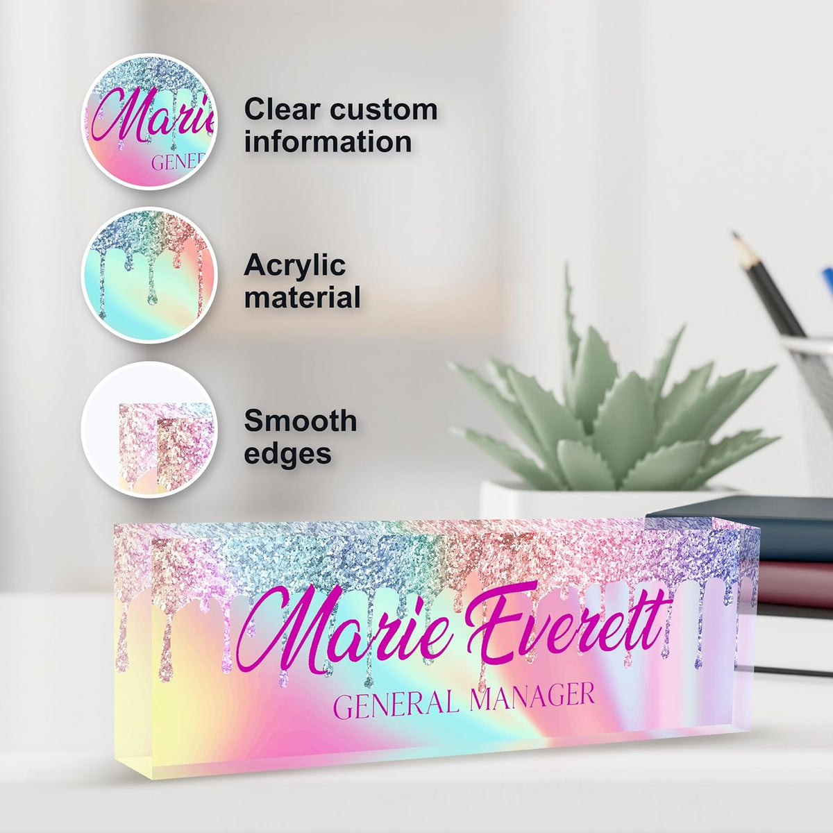 Personalized Name Plate for Desk, Custom Desk Name Plate, Acrylic Name Plate Office Desk Accessories, Personalized Office Gifts for Coworkers Teachers, Employee Appreciation Gifts (B-Colored Crystal)