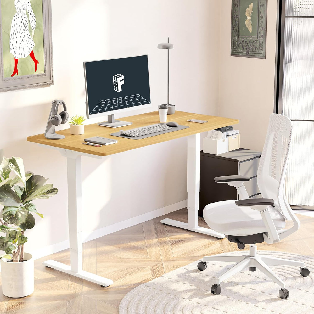 FLEXISPOT E6 Essential 3 Stages Dual Motor Electric Standing Desk 55x28 Inch Whole-Piece Board Height Adjustable Electric Sit Stand Desk(White Frame + Maple Desktop, 2 Packages)