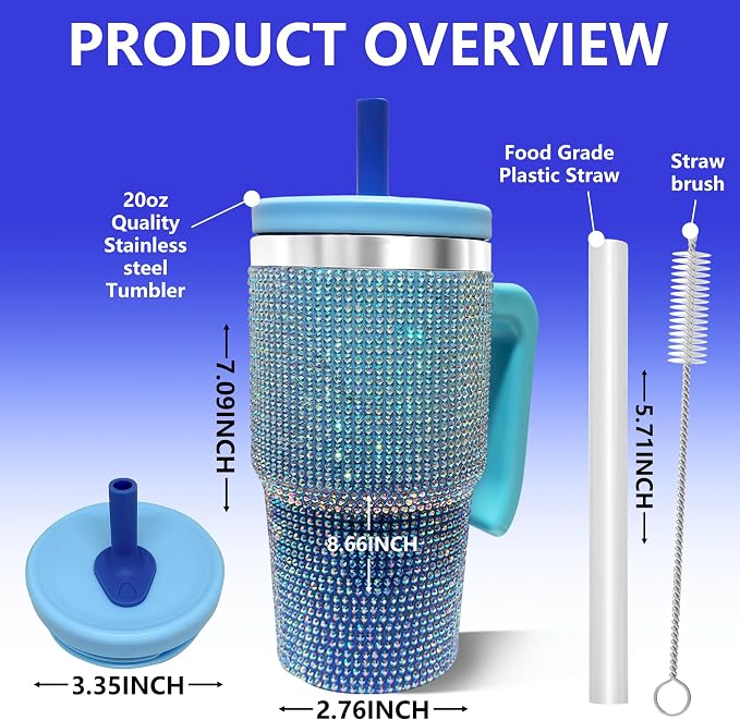 2PCS 20-OZ Insulated Water Bottle,Insulated Stainless Steel Tumbler,Reusable Cold Drink Thermos,BPA-Free, Double-Wall Stainless Steel Water Bottle (Royal Blue - Diamonds, 20, Fluid Ounces)