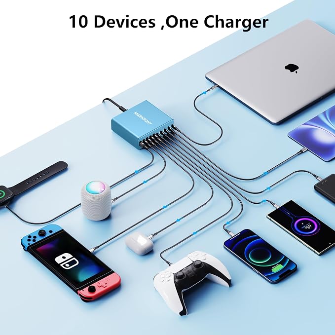 320W USB C Charger Block, 10-Port USB C Charging Station GaN III PD 65W PC