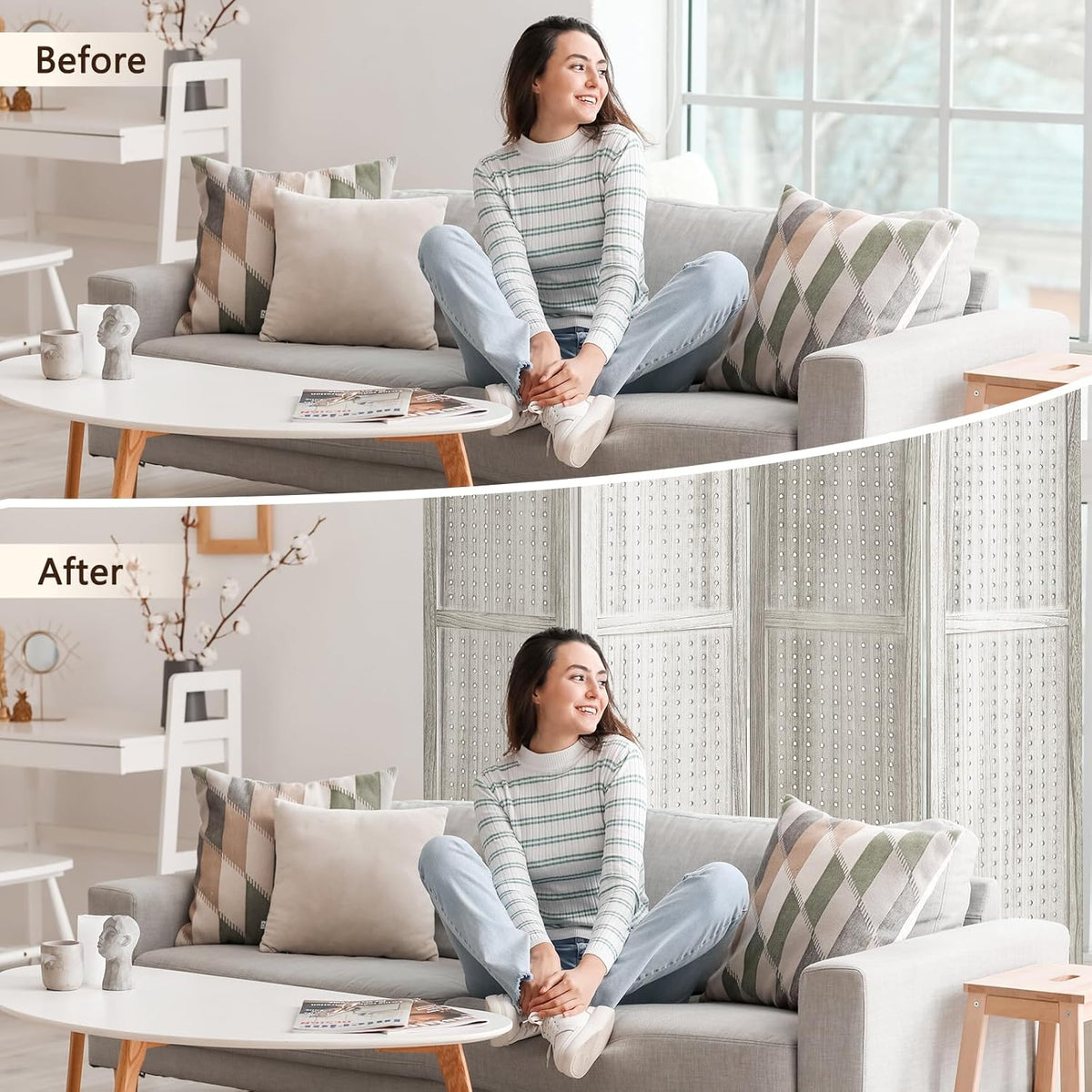 4 Panel Pegboard Display with 16 Hooks, Wooden Room Divider Wall and Folding Privacy Screens, Privacy Dividers for Rooms, Pegboard Room Divider, Jewelry Store, Retail Store, Bedroom, White