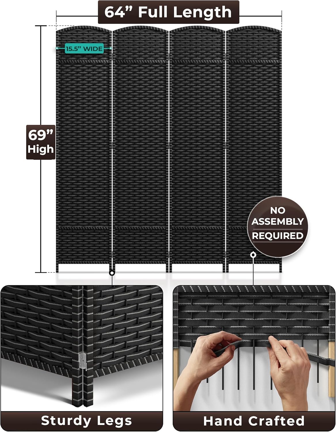 Sorbus 4 Panel Room Divider 6 ft. Tall - Privacy Screen, Extra Wide Double Hinged Panels, Mesh Hand-Woven Design, Partition Room Dividers and Folding Privacy Screens, Wall Divider for Room Separation