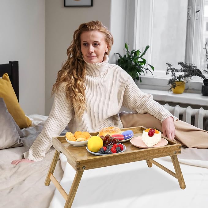 VaeFae Acacia Bed Table Tray, Wooden Breakfast Tray
