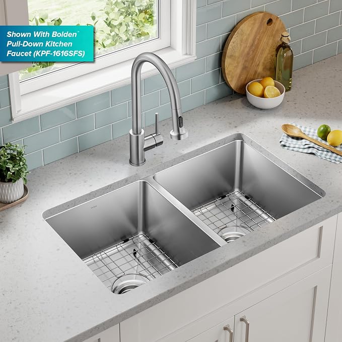 KRAUS Fairlane 33-inch Undermount Double Bowl 18-Gauge Stainless Steel Kitchen