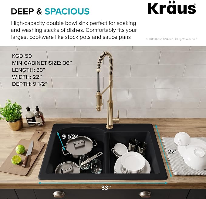 KRAUS Forteza 33-inch Drop In/Undermount 60/40 Double Bowl Granite Kitchen Sink