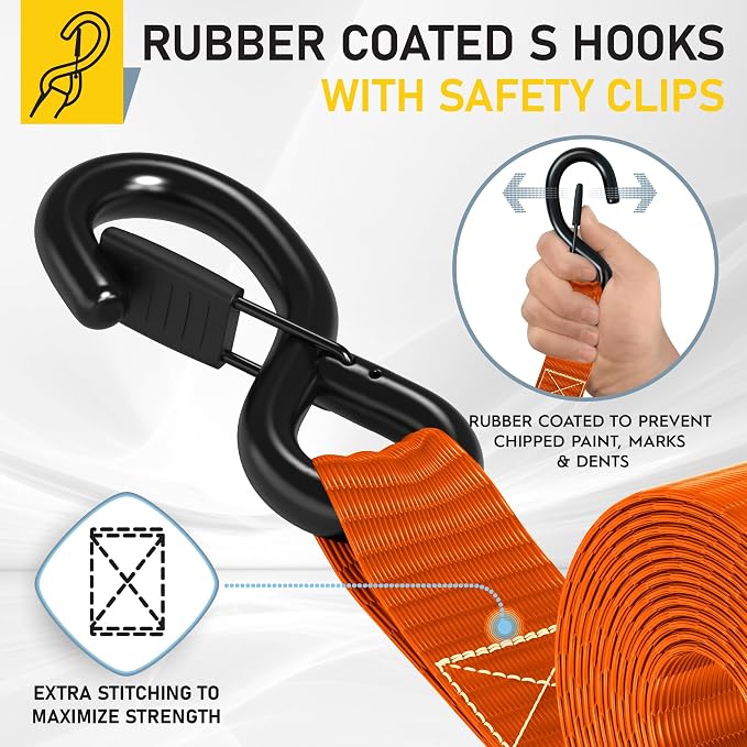 AUGO Heavy Duty Ratchet Straps & Soft Loops – Pack of 4 Extra Strong 1.5” by