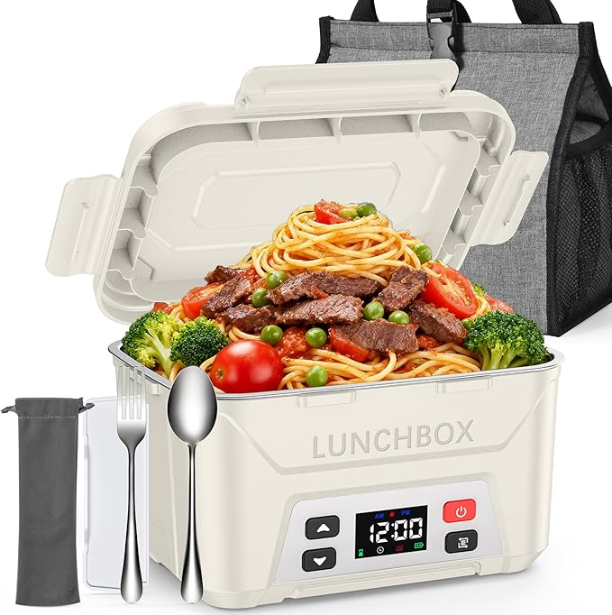EAST OAK Heated Lunch Box for Men, Electric Lunch Box for Adults, 5.5 Cups Cordless Portable Food Warmer, Rechargeable Self Heating Food Heater with Memory Function, Automatic Keep Warm(White)