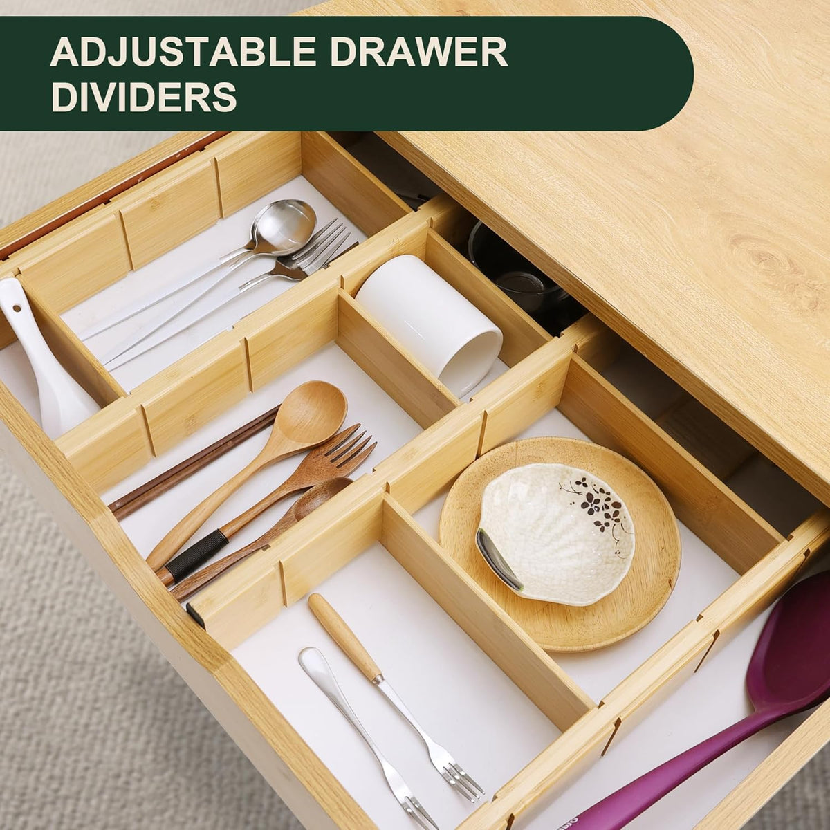 Utoplike Kitchen Drawer Divider with Inserts, Bamboo Drawers Organizer Adjustable, 4 pcs Large Expandable Wood Socks Drawer Organization for Dresser, Office, Spring Loaded