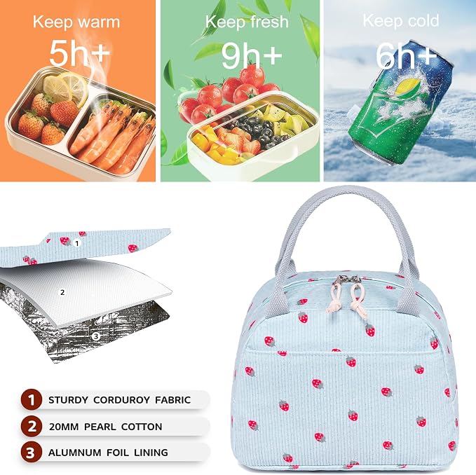 Bluboon Lunch Bag for Women Men Cute Corduroy Lunch Tote Bags Reusable