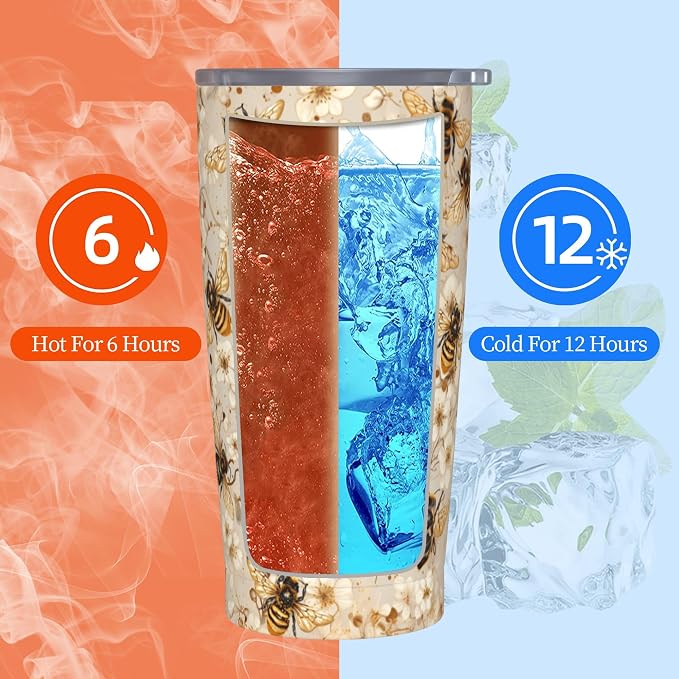 Bee Tumbler with Lid and Straw 20oz Vacuum Insulated Coffee Cup Stainless Steel Tumblers Leakproof Travel Mug Present for Women Men