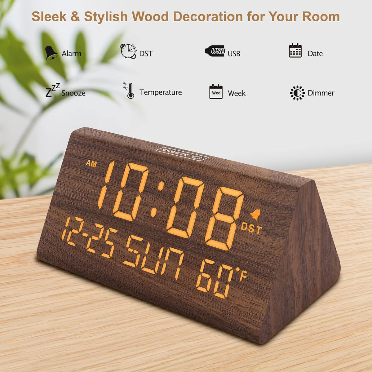 DreamSky Digital Alarm Clocks for Bedrooms - Wooden Desk Clock with Date, Day of Week, USB Port, Temperature, Dimmer for Bedside Table, Living Room, Office, Adjustable Volume, Auto DST, Wood Decor