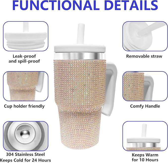 20-OZ Insulated Water Bottle,Insulated Stainless Steel Tumbler,Reusable Cold Drink Thermos,BPA-Free, Double-Wall Stainless Steel Water Bottle (White-Diamond, 20, Fluid Ounces)