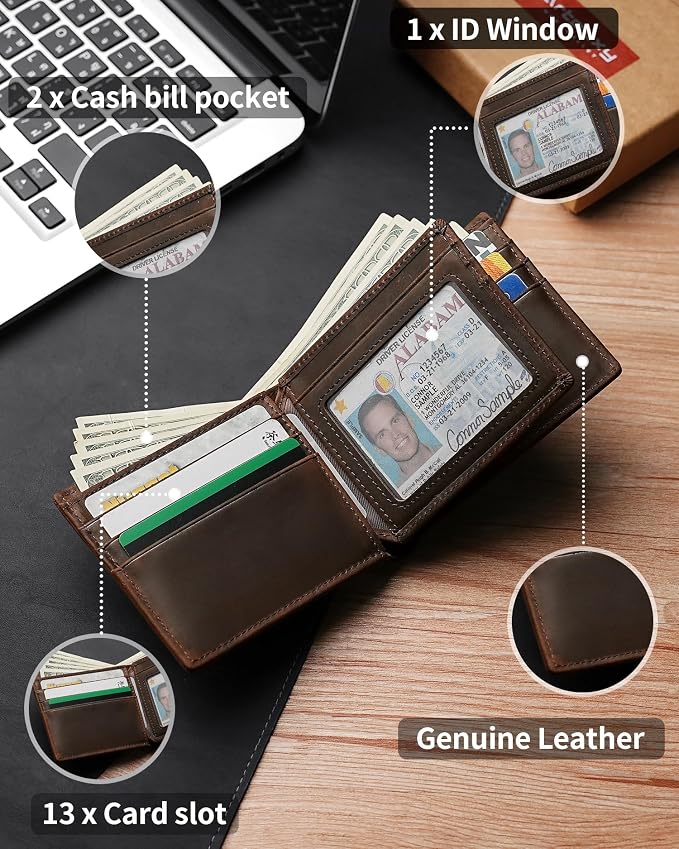 Mens Wallet Genuine Leather Bifold RFID Blocking Wallet