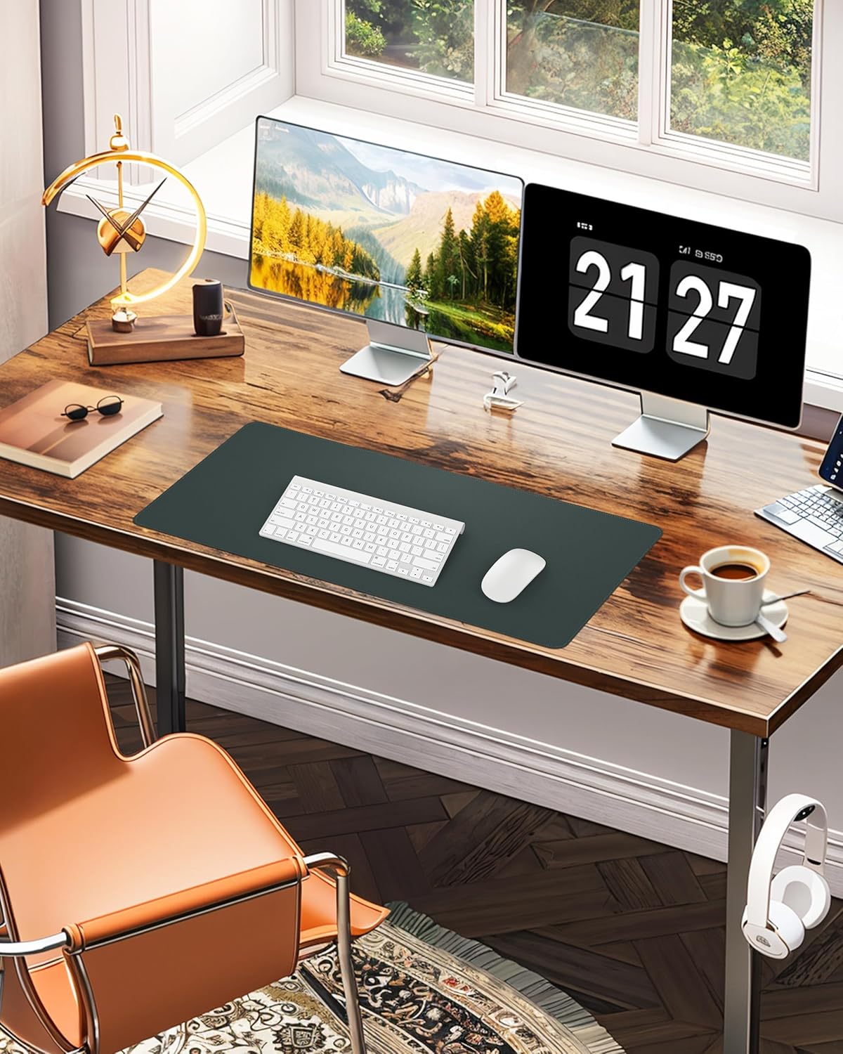 Desk Pad Mat 23.6"x13.7" - Waterproof Mouse Pad & Desk Protector, Non-Slip PU Leather for Gaming Keyboard/Mouse, Stitched Edge XL Office Desk Pad with Ergonomic Support(Dark Green)