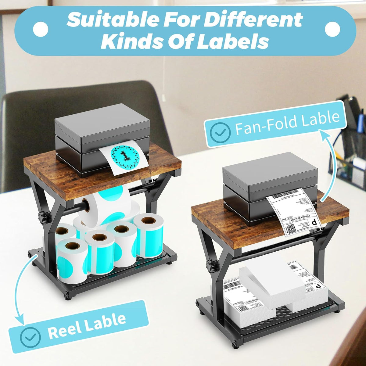 Thermal Label Holder for Rolls and Fanfold Labels, Wooden Sticker Roll Holder for Thermal Printer, YITOBA Desktop Shipping Label Stand Organizer Accessory for Home Office, Small Business (Black)
