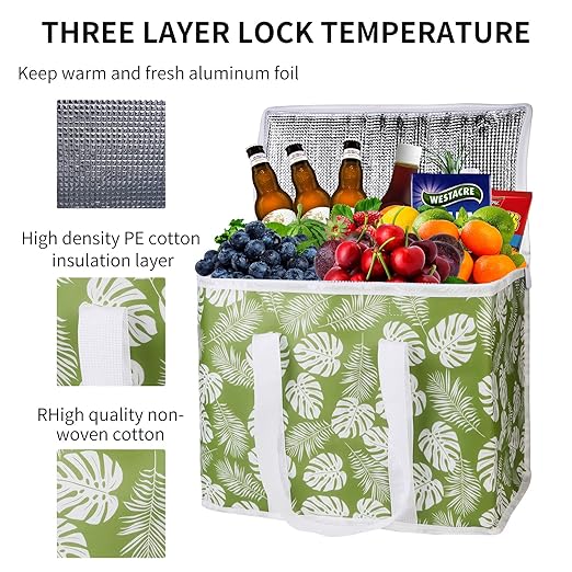 musbus 2-Pack extra Insulated Grocery shopping bag, large Green leaf, kitchen foldable reusable bags groceries,Sturdy zipper,Collapsible,tote,cooler,for transport women,Durable carrier