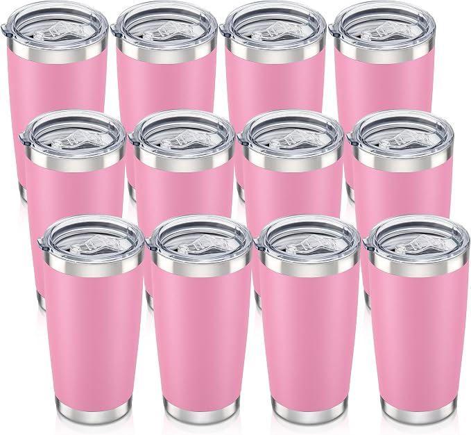 20 oz Tumbler with Lid Stainless Steel Insulated Tumblers Bulk Double Wall Vacuum Cups Powder Coated Travel Mug Keep Drinks Cold and Hot, Pink, 12 Pack
