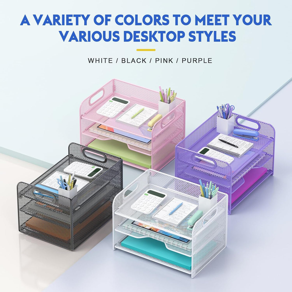 Samstar 3 Tier White Letter Tray Paper Organizer with Handle, Mesh Desk Organizer Paper Sorter File Rack Shelves, White