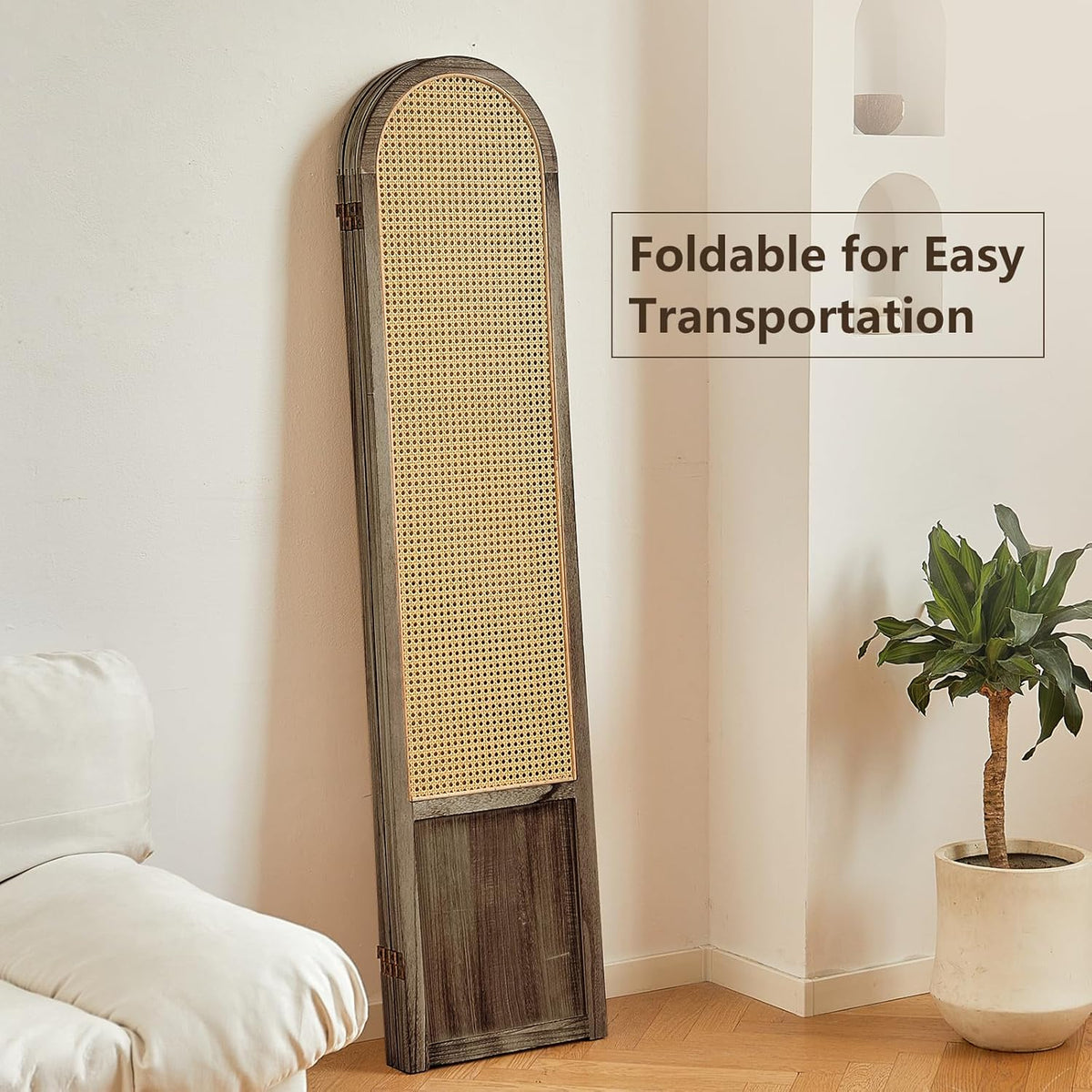 4 Panel Rattan Room Divier, Room Divider Panel and Folding Privacy Screens, Room Divider Wall, Solid Wood Frame, Partition Room Dividers, Bedroom, Dining Room, Lounge, Dark Brown
