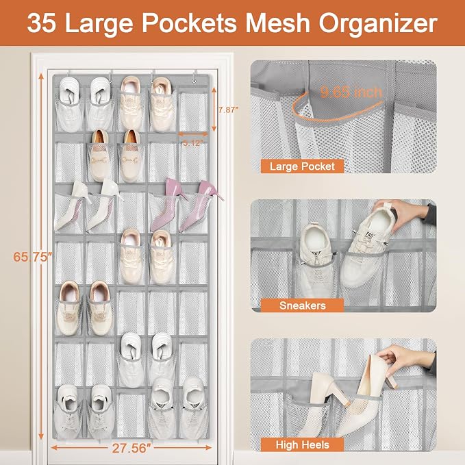 FENTEC 35 Large Pockets Over The Door Shoe Organizer, Mesh Hanging Shoe