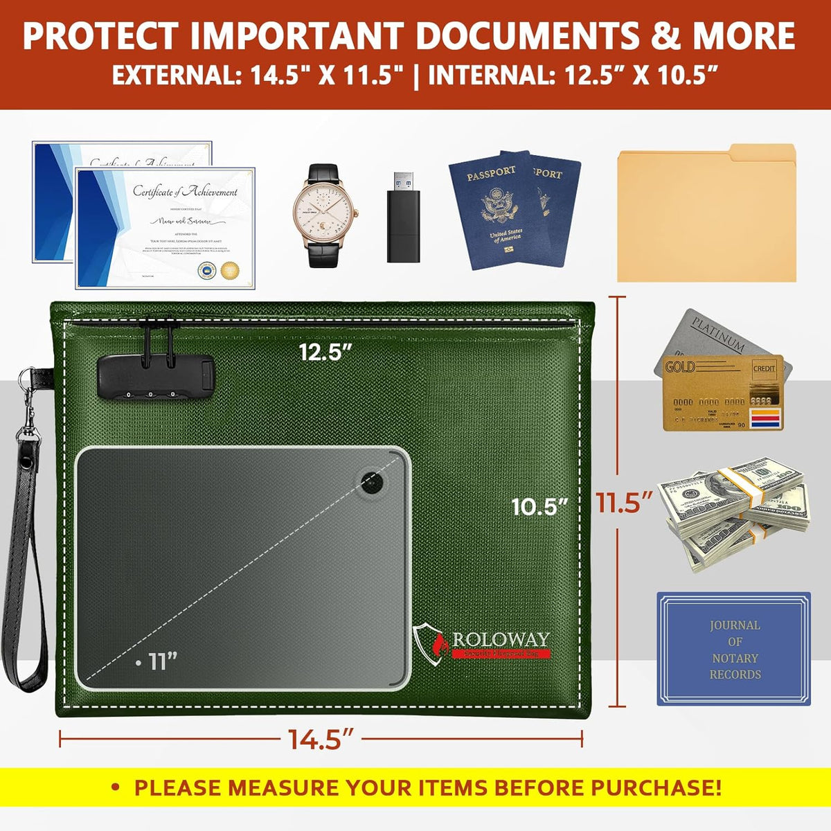 ROLOWAY Fireproof Document Bag (14.5 x 11.5 inch), 6400℉ Fireproof Money Bag with Zipper for Cash, Fire Safe Money Pouch with Lock (Green)