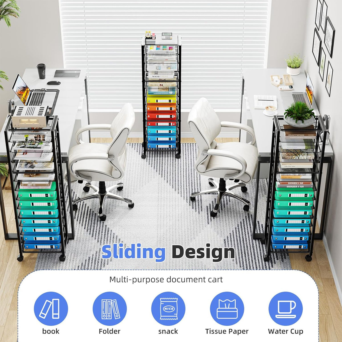 Simple Trending 14 Tier Rolling File Cart, Desk File Organizer with Sliding Trays and Wetal Mesh Paper Letter Storage Multi-Functional Rolling Clutter Cart for Office, Home, School, Black
