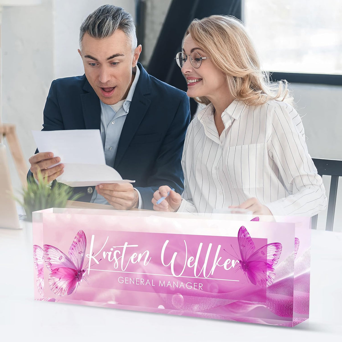 Custom Office Name Plate for Desk, Desk Name Plate Personalized, Personalized Gifts for Women, Appreciation Gifts for Employee Coworkers Boss Teacher, Office Accessories (Purple Butterfly)