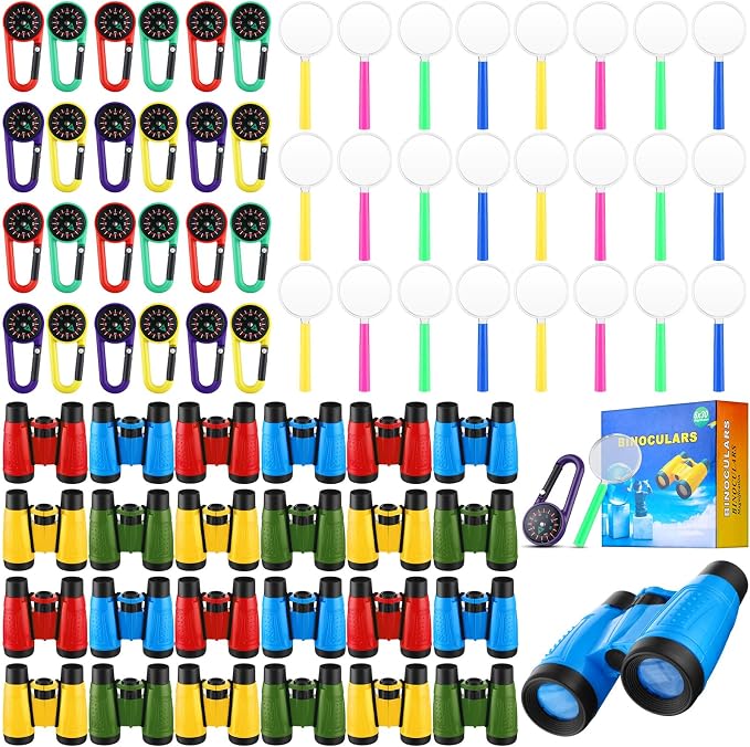 Wettarn 24 Pack Kid Mini Compact Binocular Compass Magnifying Glass Set