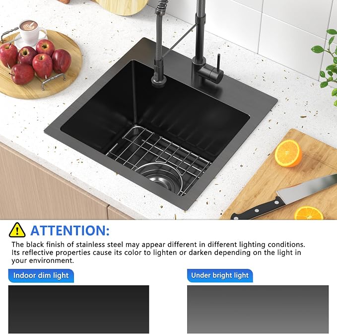 15 x 15 inch Drop in Bar Sink Black, Gunmetal Black Bar Sink 18 Gague Topmount
