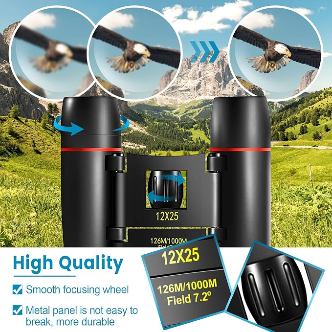 12X25 Mini Pocket Binoculars Compact, Small Lightweight Foldable