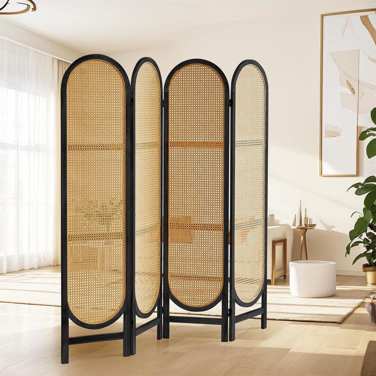 4 Panels Room Dividers and Hand-Woven Rattan Room Divider Wall, Wood Room Divider Folding Privacy Screens for Home Office Bedroom, Black