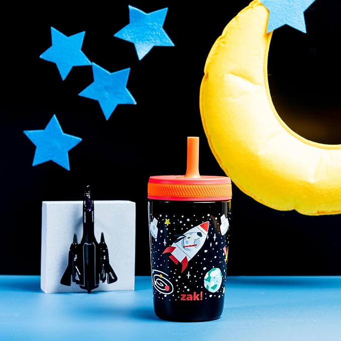 Zak Designs Kelso Toddler Cups For Travel or At Home, 12oz Vacuum Insulated Stainless Steel Sippy Cup With Leak-Proof Design is Perfect For Kids (Spaceships)