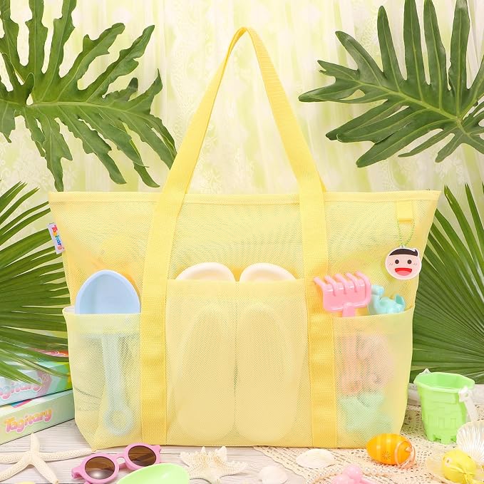 Tagitary Mesh Beach Bag with Zipper Large Beach Tote Waterproof Sandproof with