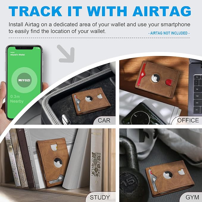 Airtag Wallet for Men, with Cash Pocket 2 ID Window 13 Cards, Slim Leather