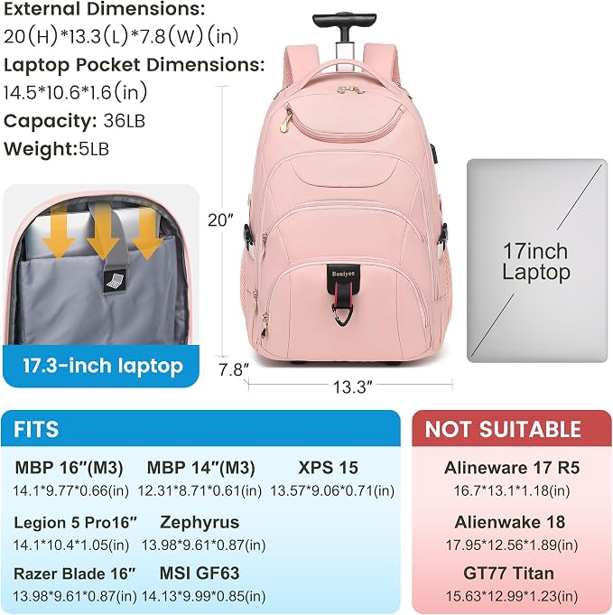 Boavan Rolling Backpack for Women, 17.3 Inch Wheeled Laptop Backpack, Large