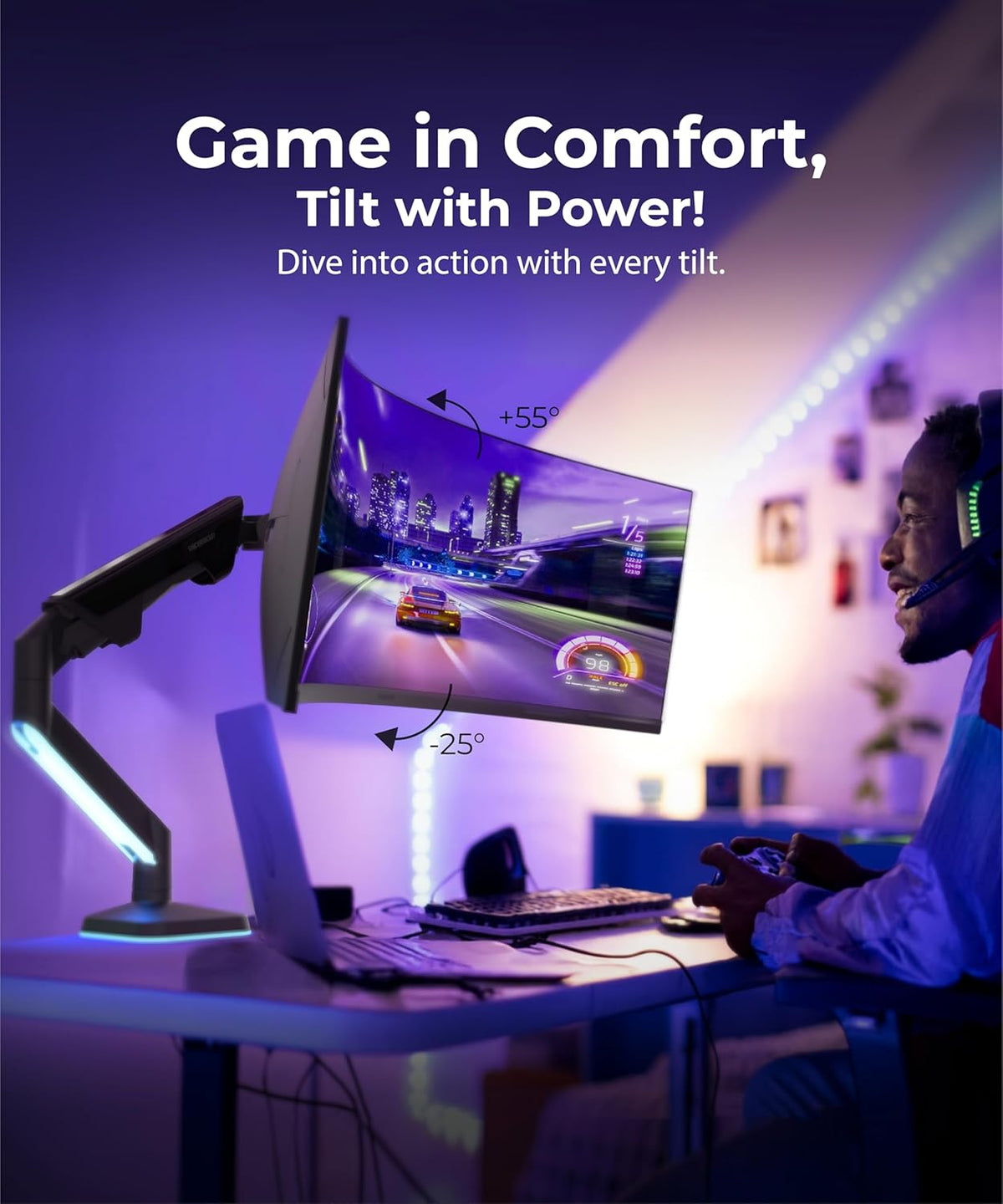 Heavy Duty Ultrawide Monitor Arm with RGB Lighting & USB Charging, Fits 34 to 49 inch Curved Screens, Supports 14 to 38 lbs, Adjustable Desk Mount, Compatible with Gaming Setup, White