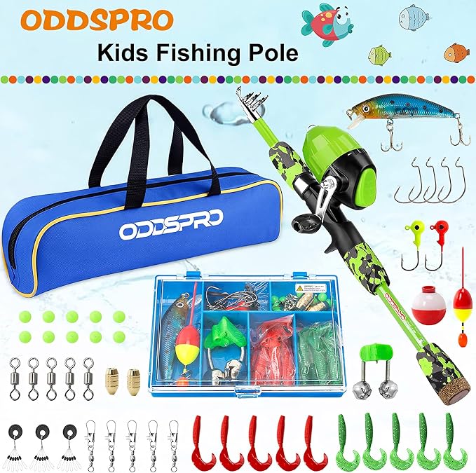 ODDSPRO Kids Fishing Pole Pink, Portable Telescopic Fishing Rod and Reel Combo