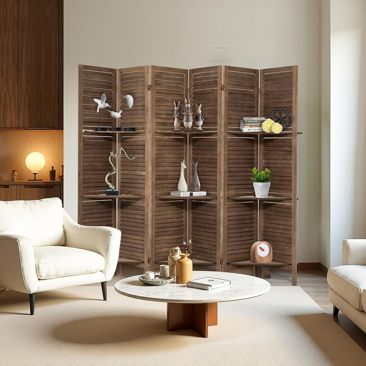 6 Panel Room Divider with Shelves, 5.6FT Folding Room Divider Screen, Free Assembled Freestanding Partition for Home Office Bedroom, Dark Brown