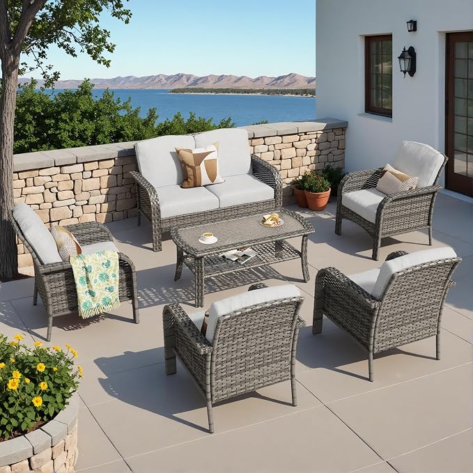 HOOOWOOO Patio Furniture Set, 6 Pieces Outdoor Conversation Set, All Weather
