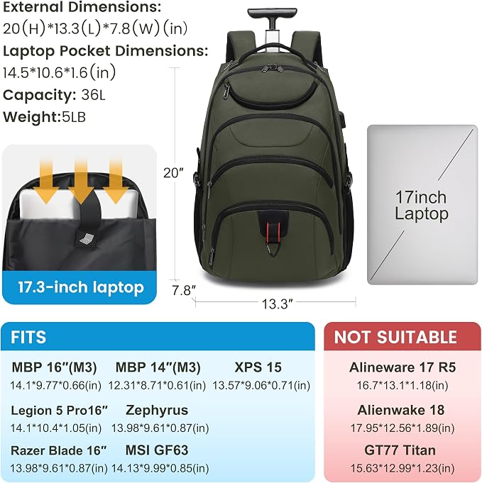 Boavan Rolling Backpack, 17 inch Water Resistant Wheeled Backpack, Carry on